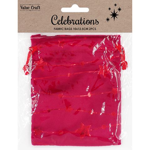 XMAS BAG VELVET 10x12.5CM RED STARS 2PC