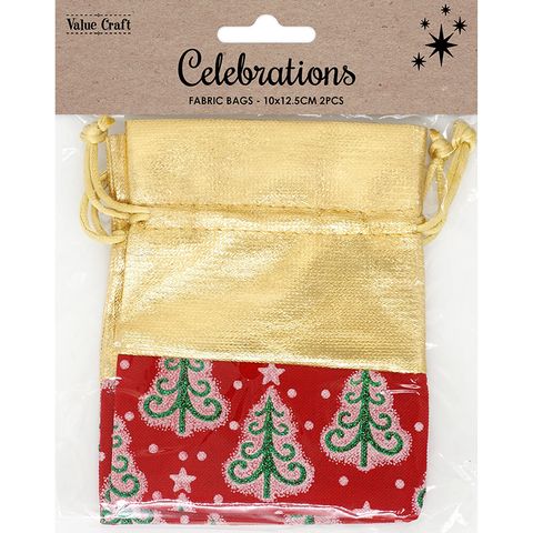 XMAS BAG FABRIC 10x12.5CM GOLD TREES 2PC