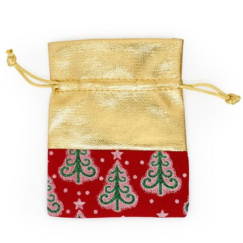 XMAS BAG FABRIC 10x12.5CM GOLD TREES 2PC