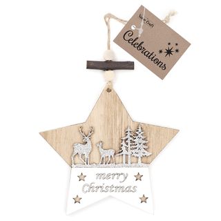 XMAS WOOD ORNAMENT STAR SILVER 1PC