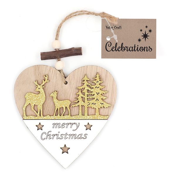 XMAS WOOD ORNAMENT HEART GOLD 1PC