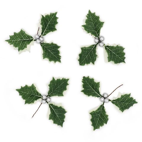 XMAS LARGE HOLLY LEAF SILVER BERRY 4PCS