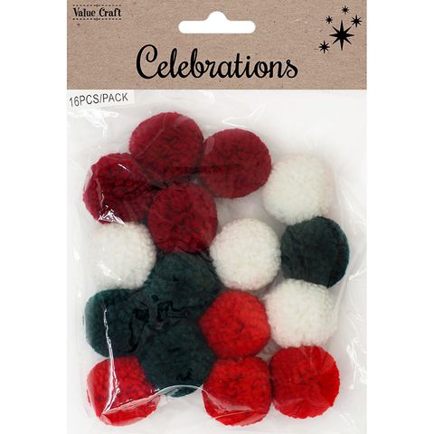 XMAS YARN POM POMS ASSORTED 16PCS