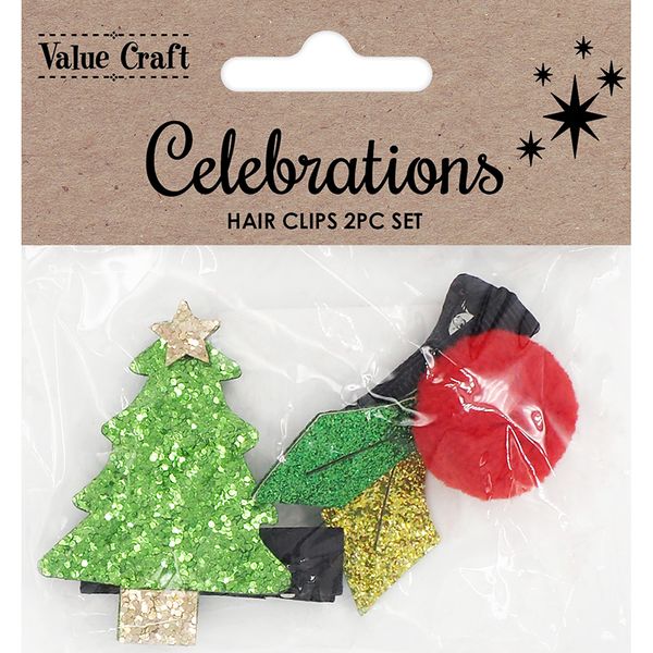 XMAS GLITTER HAIRCLIPS TREE HOLLY 2PCS