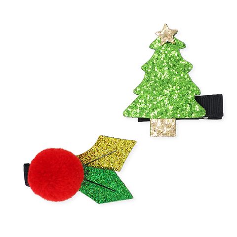 XMAS GLITTER HAIRCLIPS TREE HOLLY 2PCS