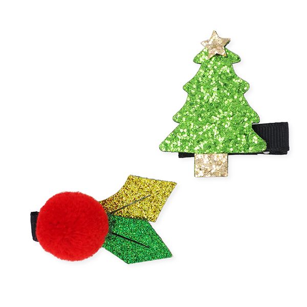 XMAS GLITTER HAIRCLIPS TREE HOLLY 2PCS