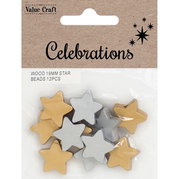 XMAS WOOD 19MM STAR BEADS 12PCS