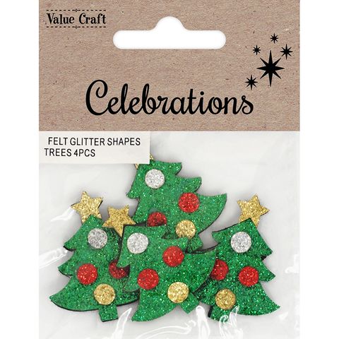 XMAS FELT GLITTER SHAPES TREES 4PCS