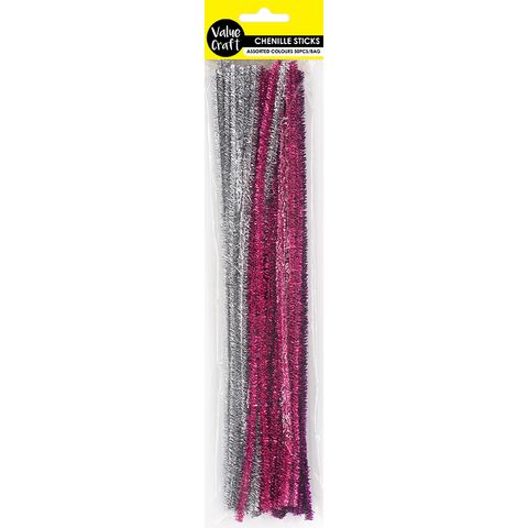 CHENILLE STICKS GLITTER 6MM PNK SLV 50PC
