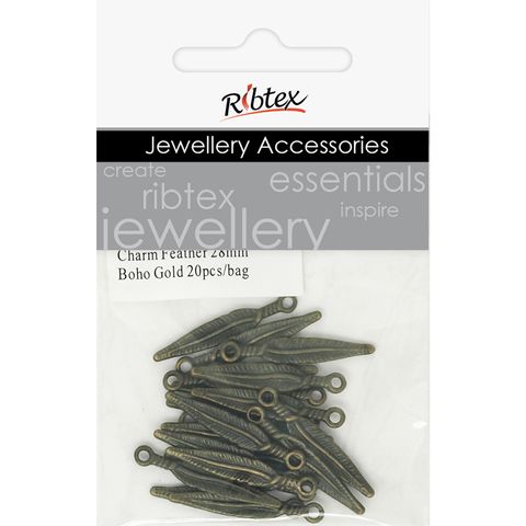 Charm - Feather 28mm Bohemian Gold 20Pc