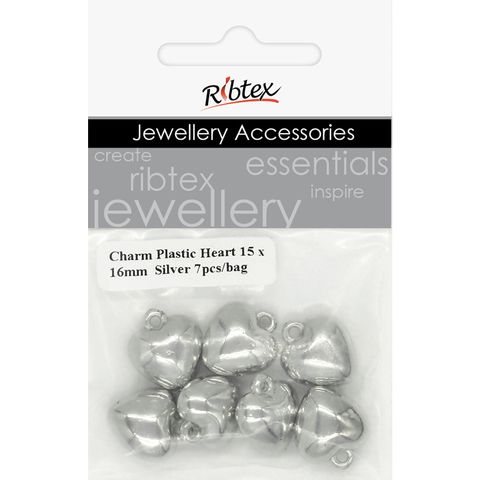 Charm - Heart 15x16mm Plastic Silver 7Pc