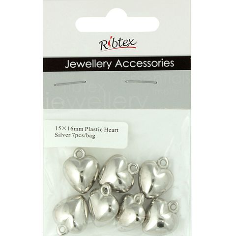 Charm - Heart 15x16mm Plastic Silver 7Pc