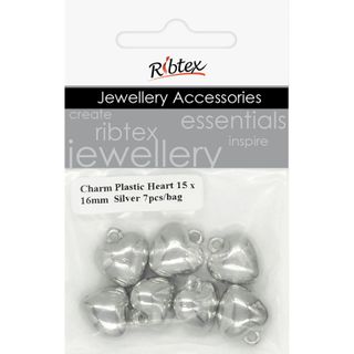 Charm - Heart 15x16mm Plastic Silver 7Pc