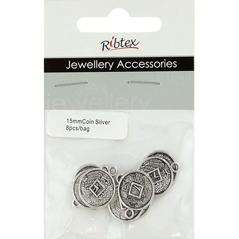 Charm - Coin 15mm Silver 8Pcs