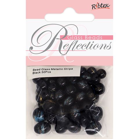 Bead Glass Metallic Stripe Blk 50Pcs