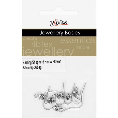 Earring Shepherd Hooks Flower Silver 6Pc