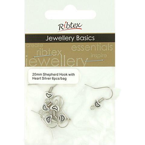 Earring Shepherd Hooks Heart Silver 6Pcs