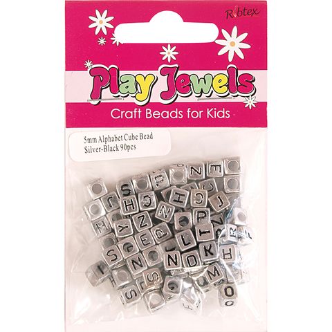 Bead 5Mm Alphabet Cube Slv-Blk 90Pcs