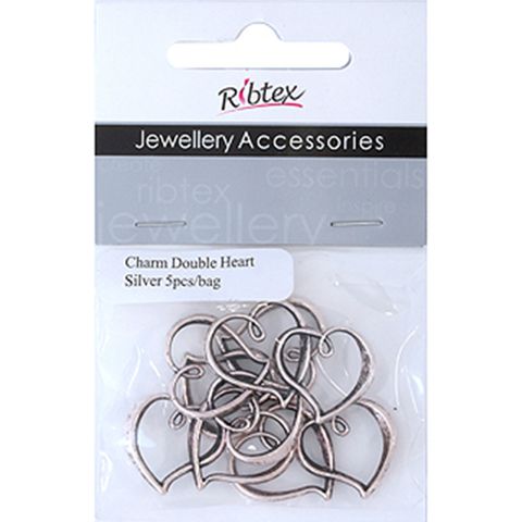 Charm Double Heart Silver 5Pcs