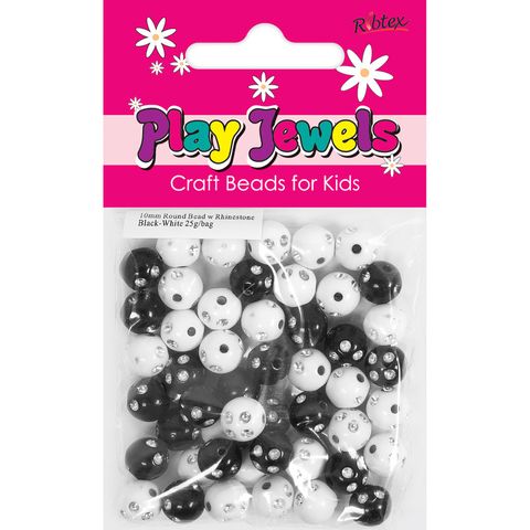 Bead 10Mm Rnd W Rhinestone Bk-Wh 25G