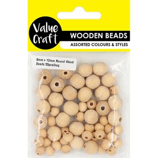 BEAD WOOD ROUND 12MM + 8MM NATURAL 55PC