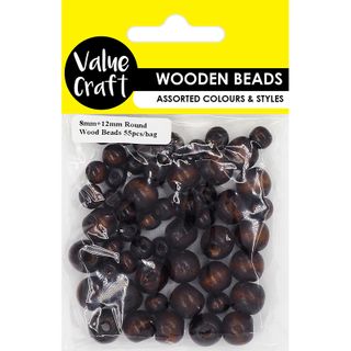 BEAD WOOD ROUND 12MM  + 8MM BROWN 55PCS