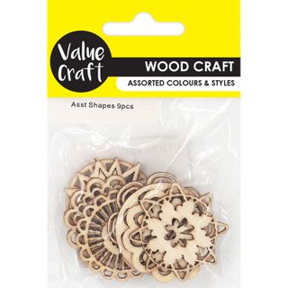 WOOD FLOWER SHAPES ASSORTED 9PC