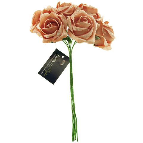 Foam Rose 6Head Peach Glitter 1Bunch