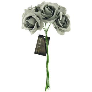 Foam Rose 6Head Silver Glitter 1Bunch
