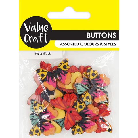 BUTTON WOOD BUTTERFLY  ASST 20PC