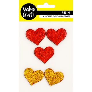RESIN HEARTS 3CM RED GOLD 5PC