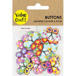 CRAFT BUTTONS WOOD BUTTERFLY MULTI 18PCS