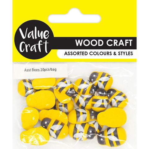 EMB WOOD BEES ASST 15-19MM YLW-BLK 20PC