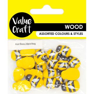 EMB WOOD BEES ASST 15-19MM YLW-BLK 20PC