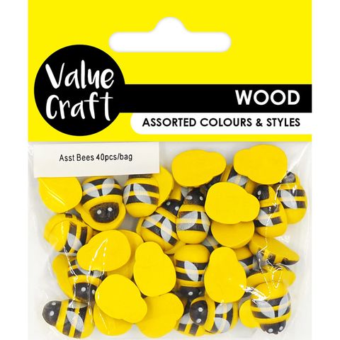 EMB WOOD BEES ASST 15MM YLW-BLK 40PC