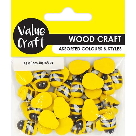 EMB WOOD BEES ASST 15MM YLW-BLK 40PC