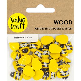 EMB WOOD BEES ASST 15MM YLW-BLK 40PC