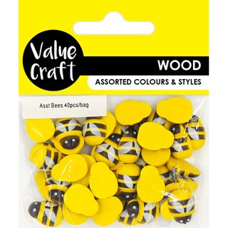 EMB WOOD BEES ASST 15MM YLW-BLK 40PC