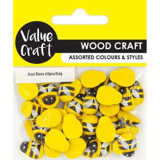 EMB WOOD BEES ASST 15MM YLW-BLK 40PC