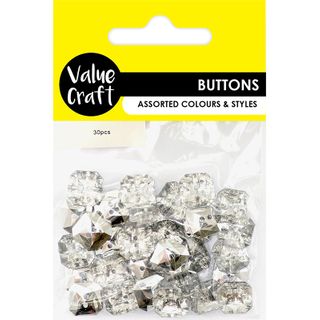 Button 17Mm Square Clr 30Pcs