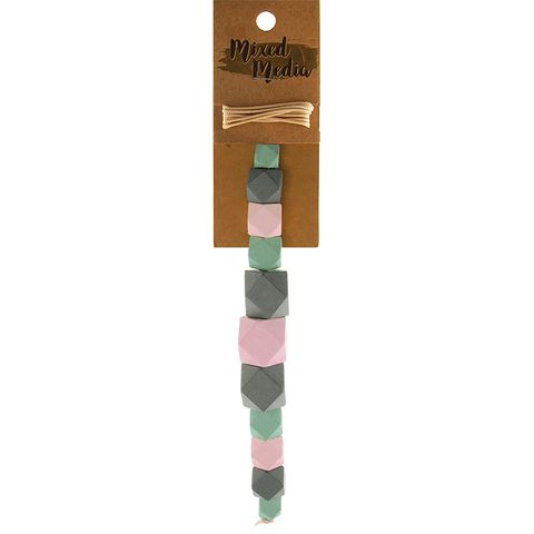 Bead Wooden Geo Pink Mint Grey 11Pcs