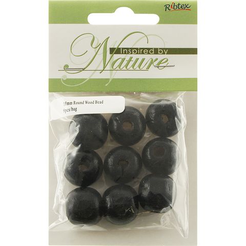 Bead Wood 18mm Round Black 9Pcs