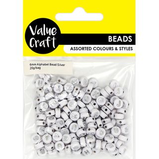 ALPHABET 6MM ROUND BEADS SILVER 20G