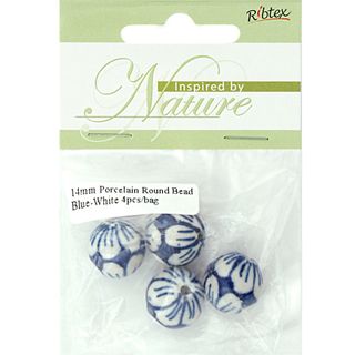 Bead Porcelain Round 14mm Blue White 4Pc