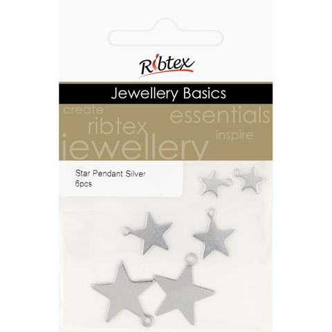 STAR PENDANTS SML MED LRG SILVER 6PCS