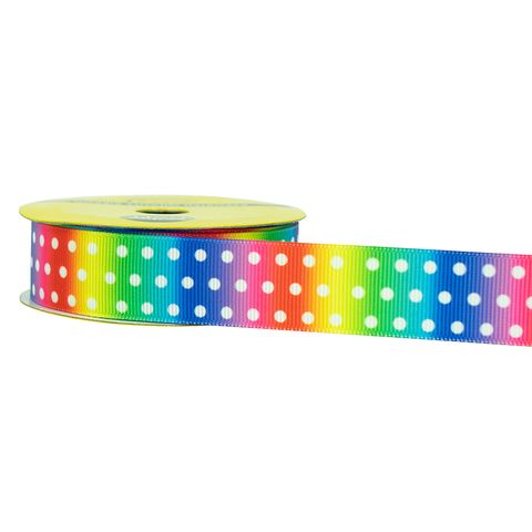 RIB 22MM GROSGRAIN RAINBOW WHITE DOT 3M