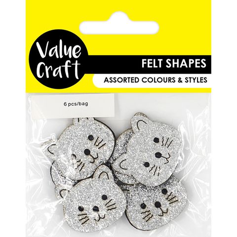 FELT SHAPES SILVER GLITTER CATS 6PCS