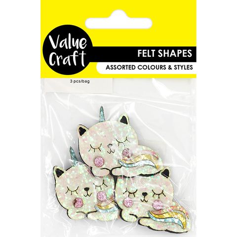 FELT SHAPES GLITTER UNICORN CATS 3PCS