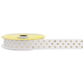 RIB GROSGRAIN 15MM GOLD HEART WHITE 3M