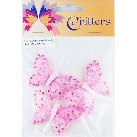 Butterfly Feather Glitter 5cm Pink 3Pcs